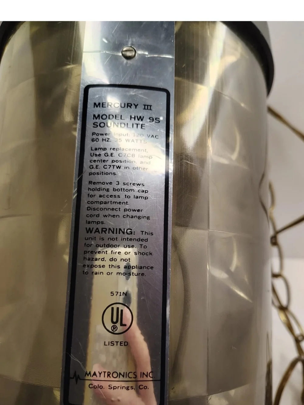 Maytronics Inc Mercury III Soundlite HW 9S Hanging Retro  Light Swag Chain LIght